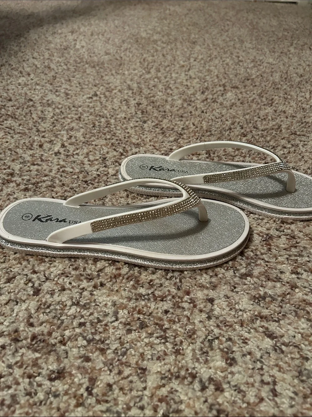 Kara USA white Rhinestone Thong Sandals with Silver Footbed